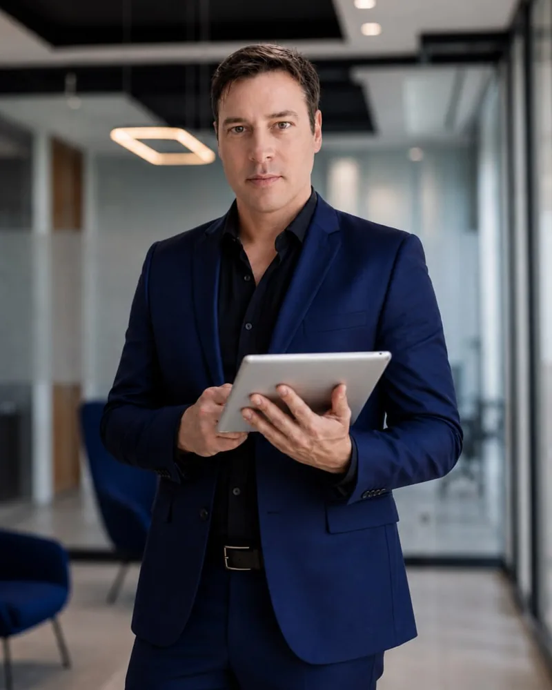 Mauricio Ruiz em ambiente empresarial, vestindo terno azul-marinho e segurando um tablet